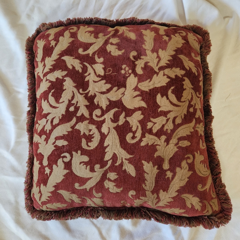 Vintage Tapestry Throw Pillow Red Gold Damask Fringe 20x20 Traditional Decor